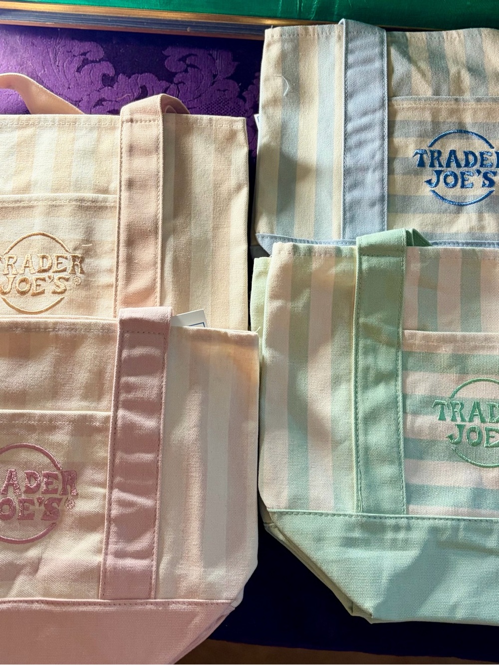 6 - Trader Joe's Pastel Striped Canvas Tote Bag - 2 eachPink, Blue, Green, Cream